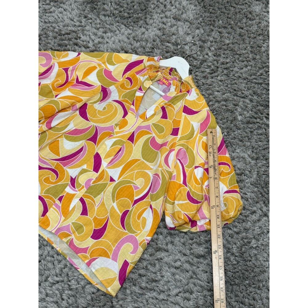 THML Women’s Yellow Pink Abstract Swirl Puff Sleeve V-Neck Blouse Top Size M - Picture 11 of 13
